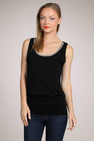 M-Rena Jeweled Scoop Neck Banded Waist Top