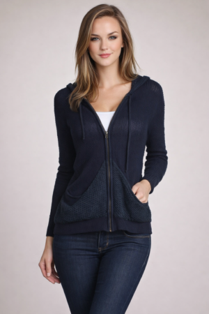 M. Rena Pointelle-Stitch Zip Up Hoodie Sweater