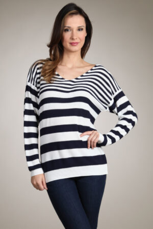 M-Rena Long Sleeve Bold Stripe V-Neck Loose Top