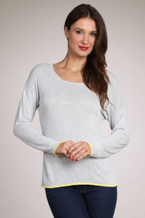 M-Rena Contrast Trim Long Sleeve Light Weight Sweater Top