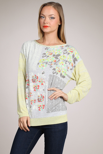 M-Rena Boat-neck Long Sleeve Floral Print Knit Sweater Top