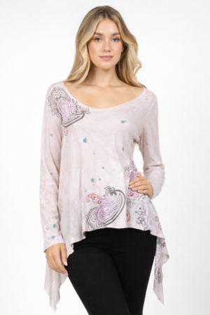 M. Rena Asymmetric Long Sleeve Hand Printed Top