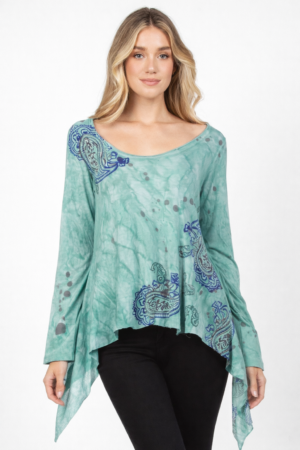 M. Rena Asymmetric Hem Long Sleeve Hand Printed Top