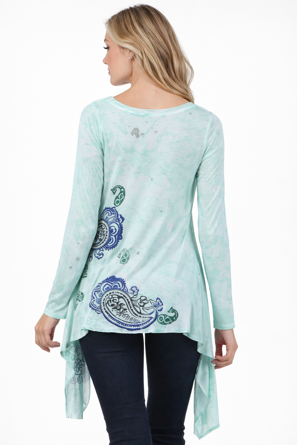 M. Rena Asymmetric Hem Long Sleeve Hand Printed Top - Image 3