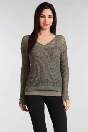 M.Rena V-Neck Pointelle Mesh Long Sleeve Top