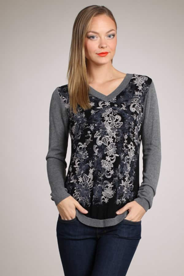 M.Rena V-Neck Floral Burnout Print Sweater Top