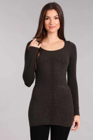 M. Rena Long Sleeve Bohemian Lace Jacquard Seamless Tee Top